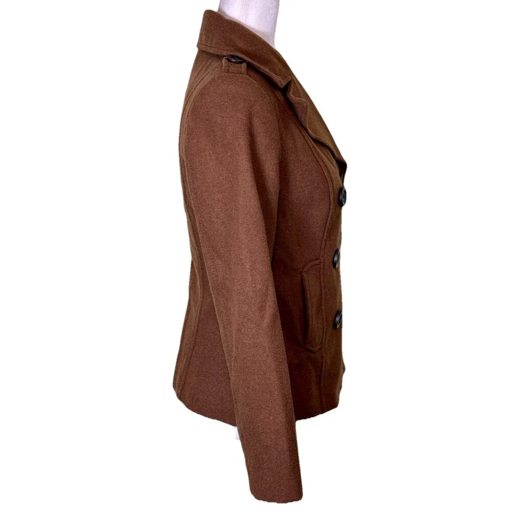 Women’s Brown Wool Blend Double Breasted Jacket‎ Classic Tailored Peacoat Sz XS